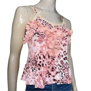 Venus Women’s 2 Pink Leopard Print Beaded and Flouncy Floral Neckline Tank Top